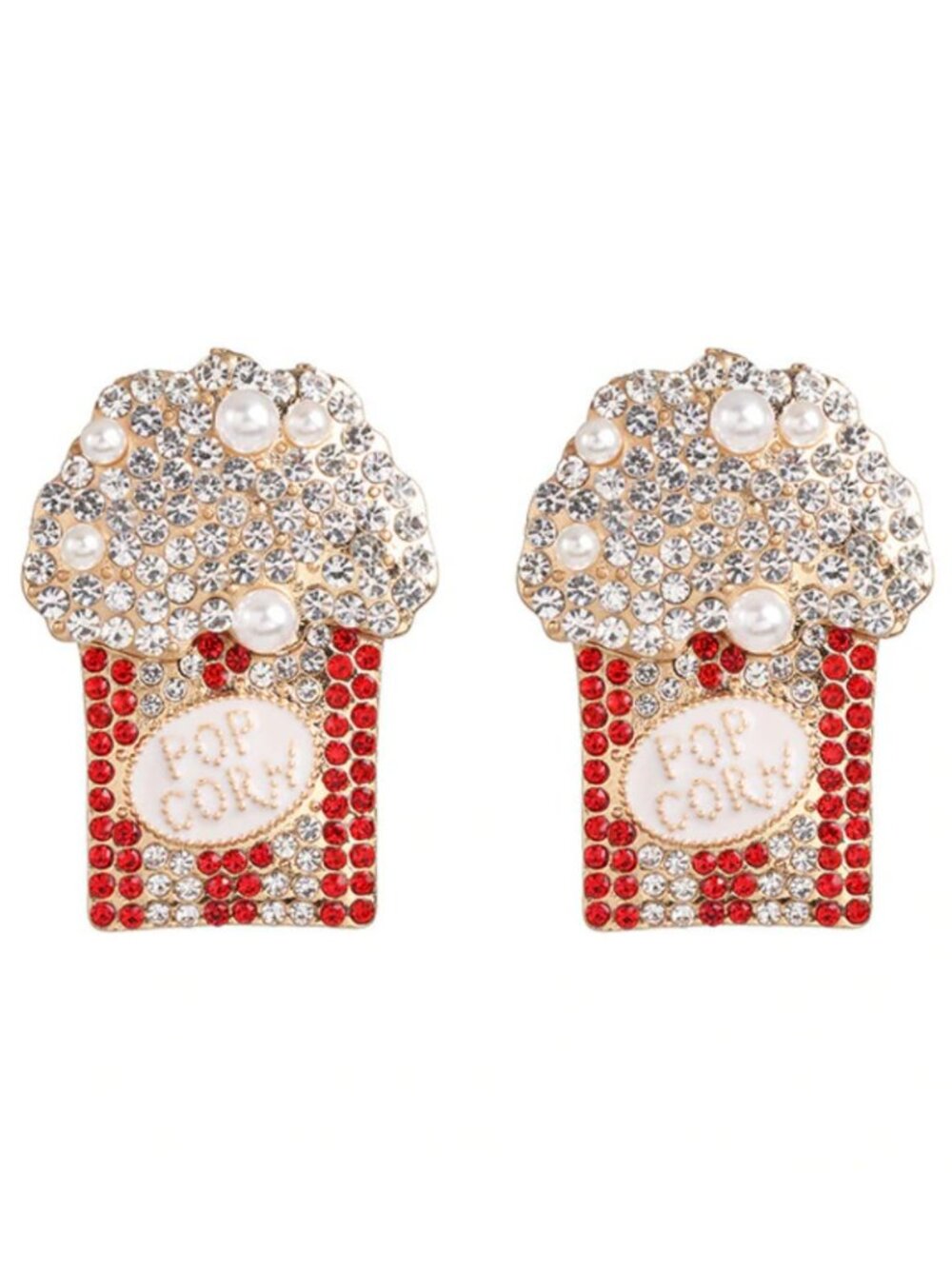 Gold Red Pearl Crystal Pop Corn Fun Large Stud Hanging Earrings